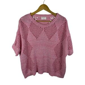 Fate Pink Marled Open Knit Short‎ Sleeve Sweater Small Crochet Pullover Layering
